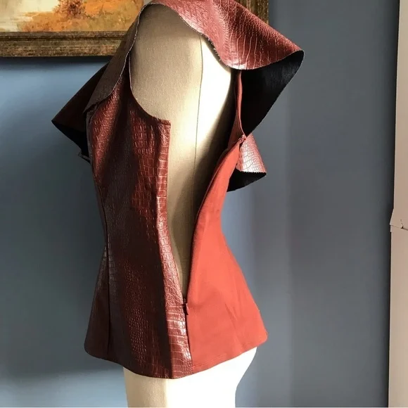 INC International Concepts brown faux croc embossed leather one shoulder top M - Picture 5 of 10